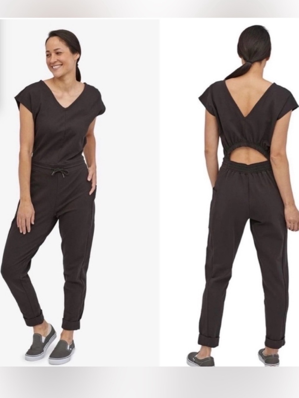 Patagonia Women’s Roaming Jumpsuit Organic Cotton Black Cutout Back Medium